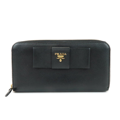 PRADA Saffiano Leather Ribbon Round Zippy Wallet Black 1M0506