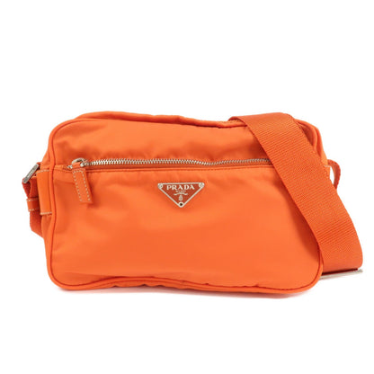 PRADA Triangle Logo Leather Nylon Shoulder Bag Orange  d