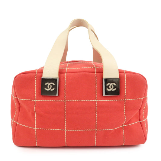 CHANEL Chocolate Bar COCO Mark Canvas Leather Hand Bag Red