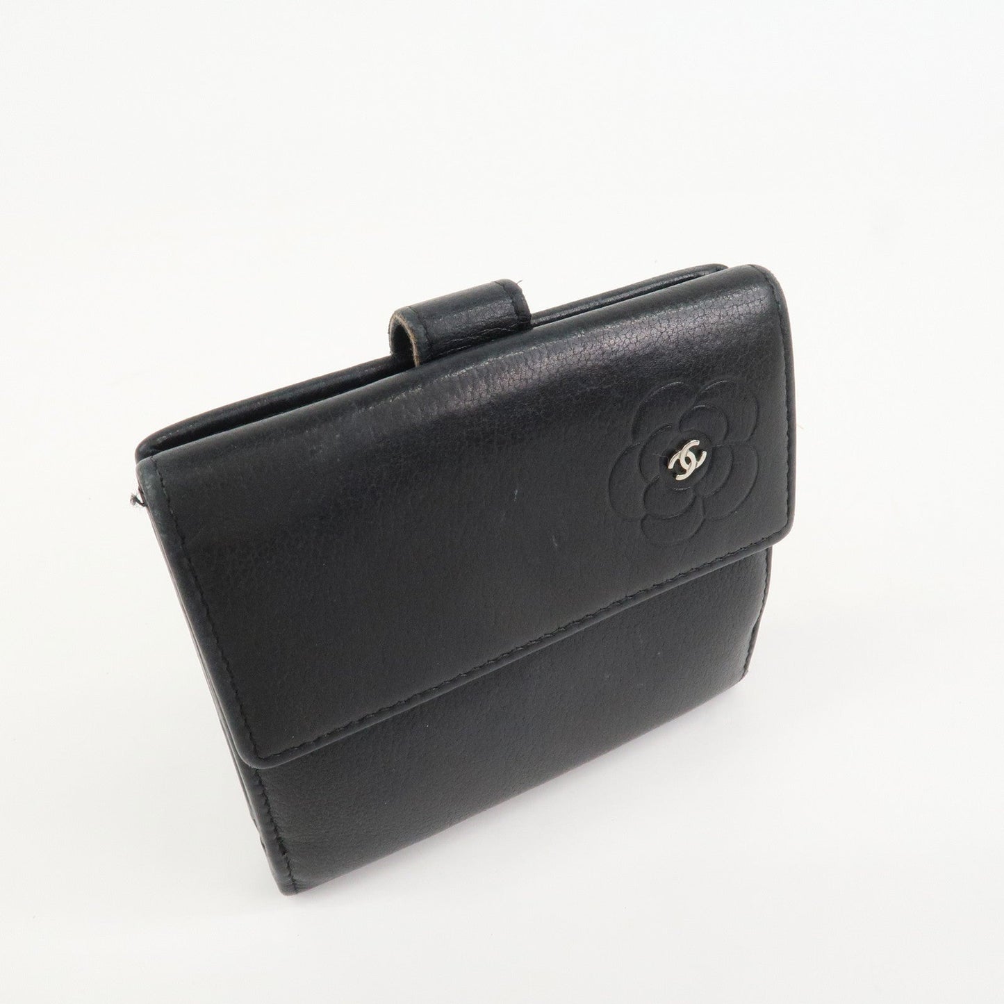 CHANEL COCO Mark Camelia Leather Bi-fold Compact Wallet Black