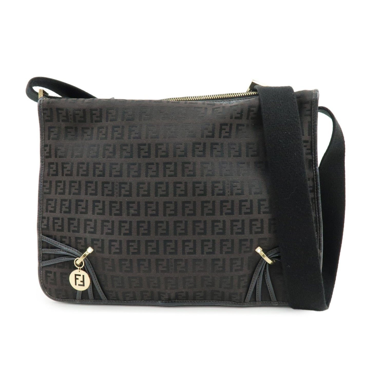 FENDI Zucchino Canvas Leather Shoulder Bag Dark Brown 8BT090