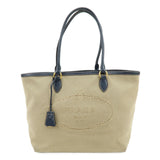 PRADA Logo Jacguard Leather Tote Bag Hand Bag Beige Navy