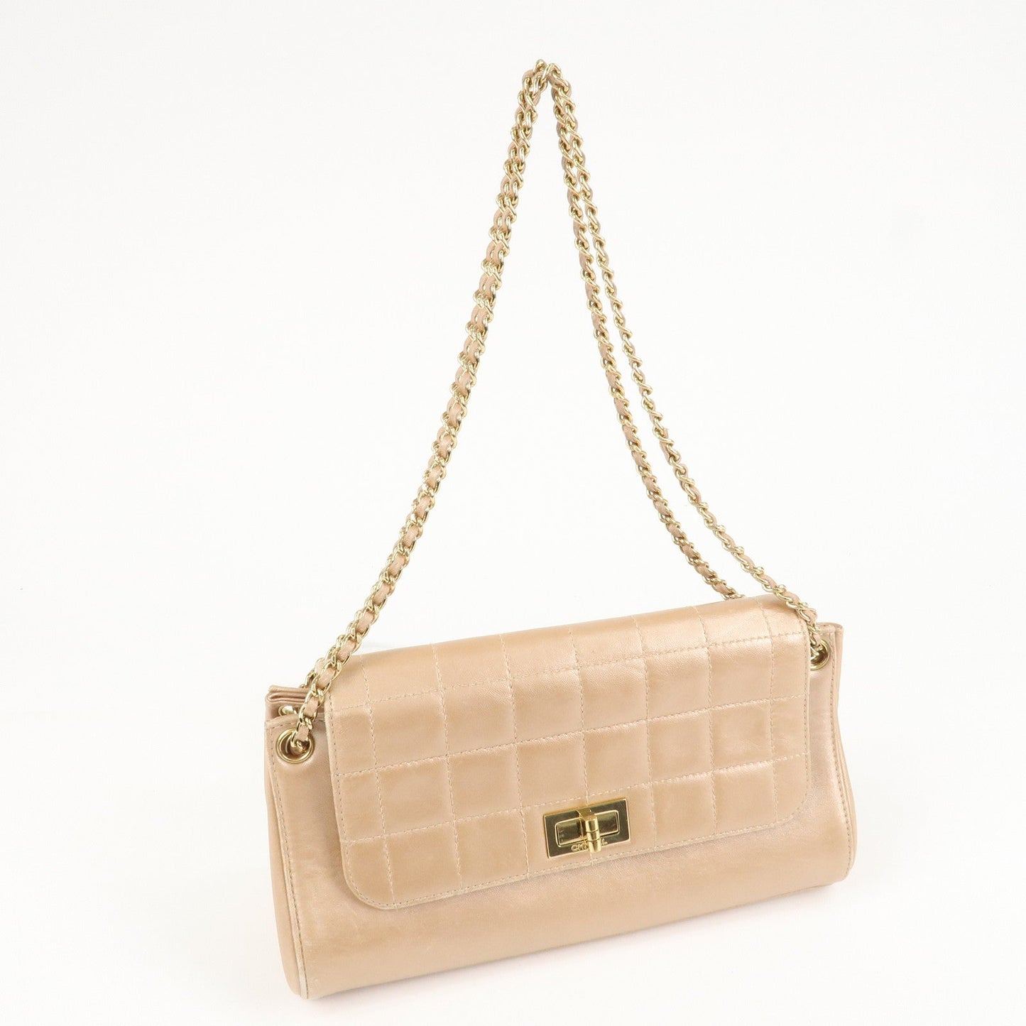 CHANEL Chocolate Bar Leather Chain Shoulder Bag Pink Gold  d