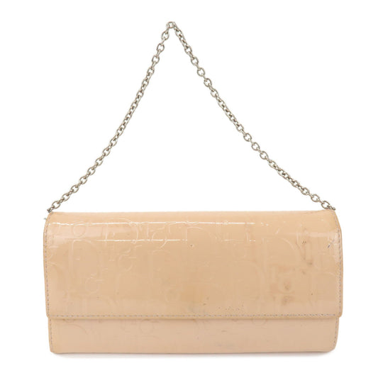 Christian Dior Patent Leather Chain Wallet Long Wallet WOC Beige