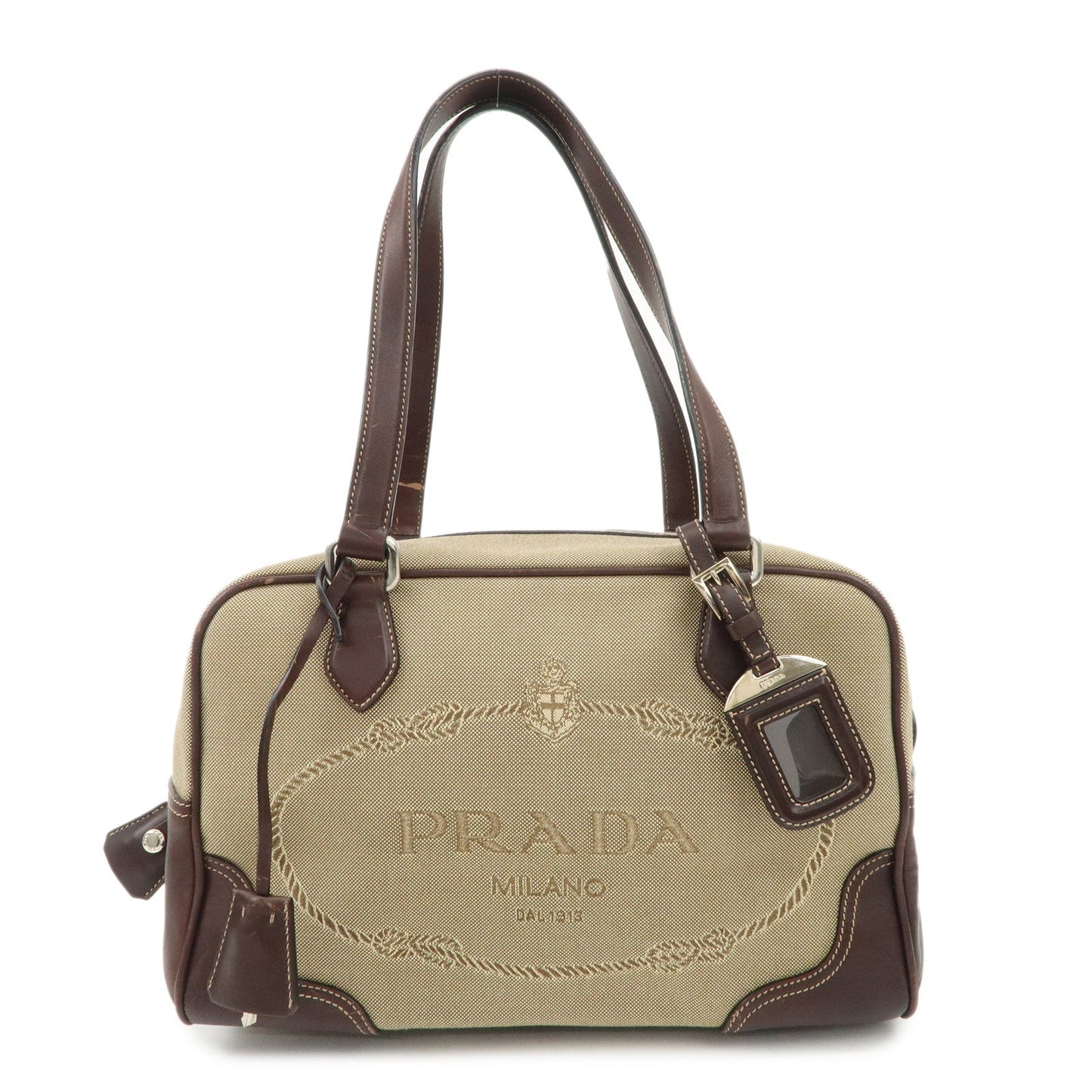 PRADA Logo Jacquard Leather Boston Bag Shoulder Bag Beige BL0260  d