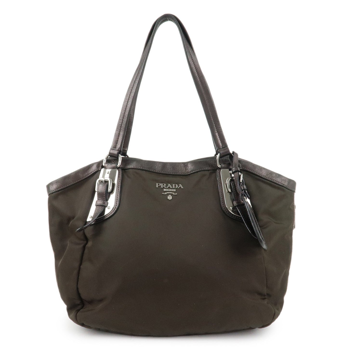 PRADA Logo Nylon Leather Tote Bag Shoulder Bag Khaki Metallic Brown  d
