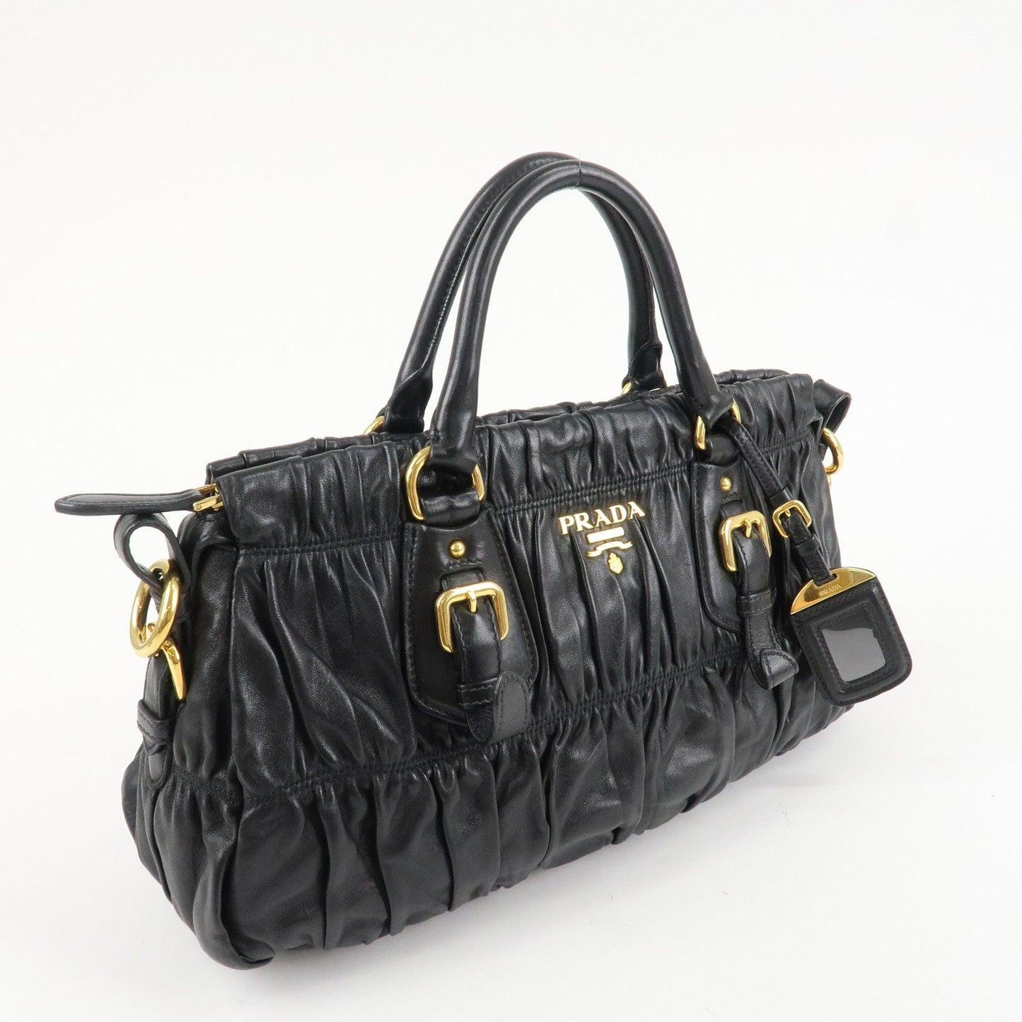 PRADA Logo Leather 2WAY Tote Bag Hand Bag Black Gold HDW B11091  d