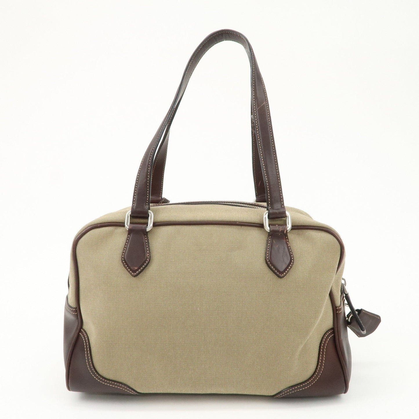 PRADA Logo Jacquard Leather Boston Bag Shoulder Bag Beige BL0260  d