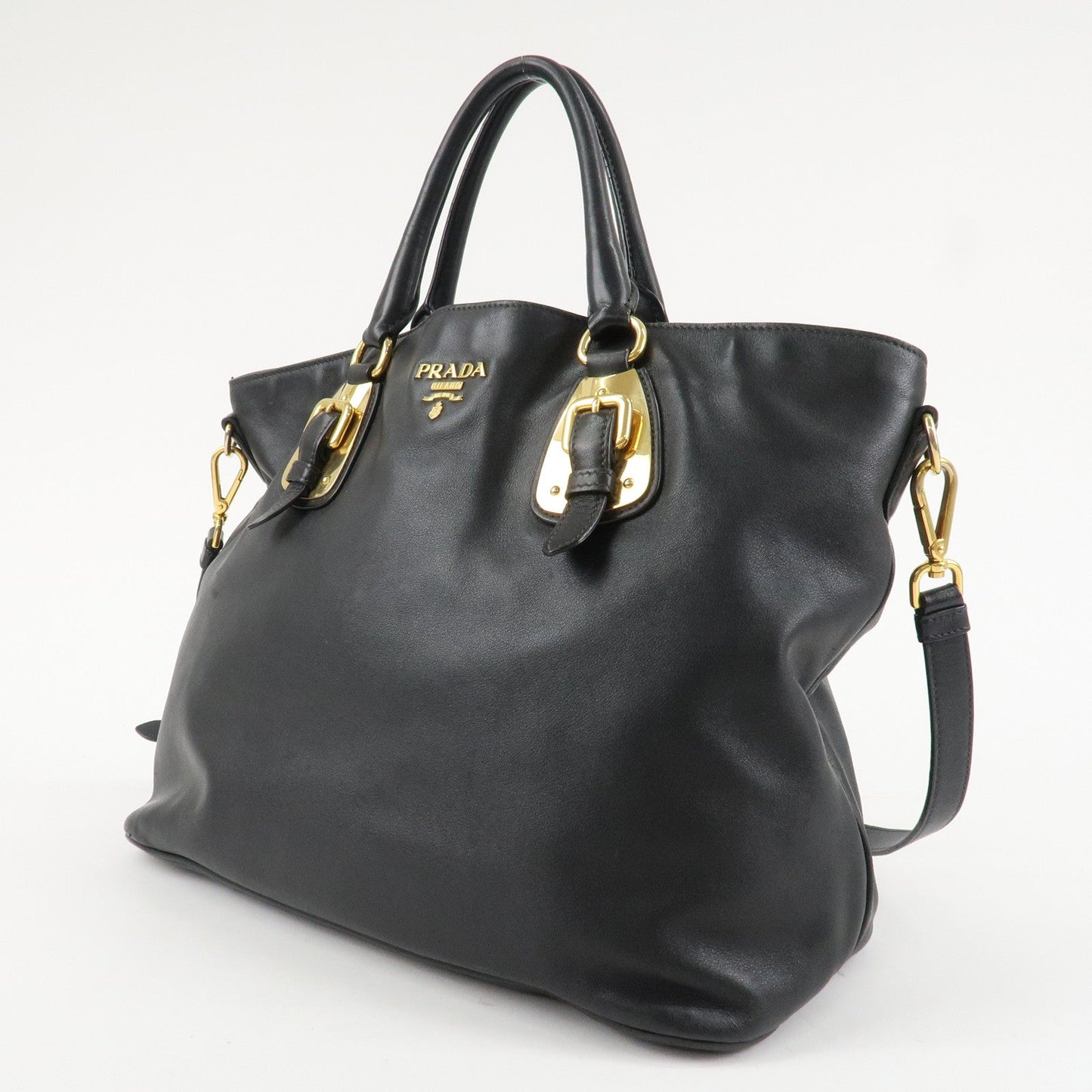 PRADA Logo Calf Leather 2Way Tote Bag Hand Bag Black Gold HDW BN1902  d