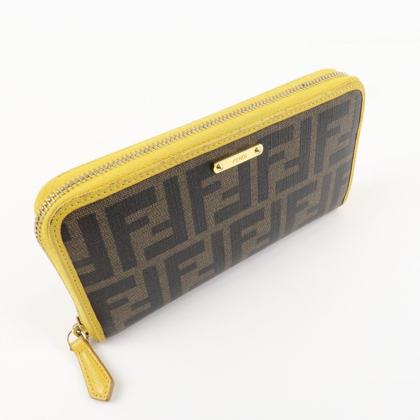 FENDI Zucca PVC Leather Round Zippy Long Wallet Brown Yellow 8M0299  d