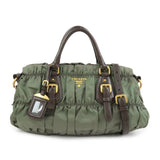 PRADA Nylon Leather Gathered 2Way Bag Hand Bag Khaki BN1407