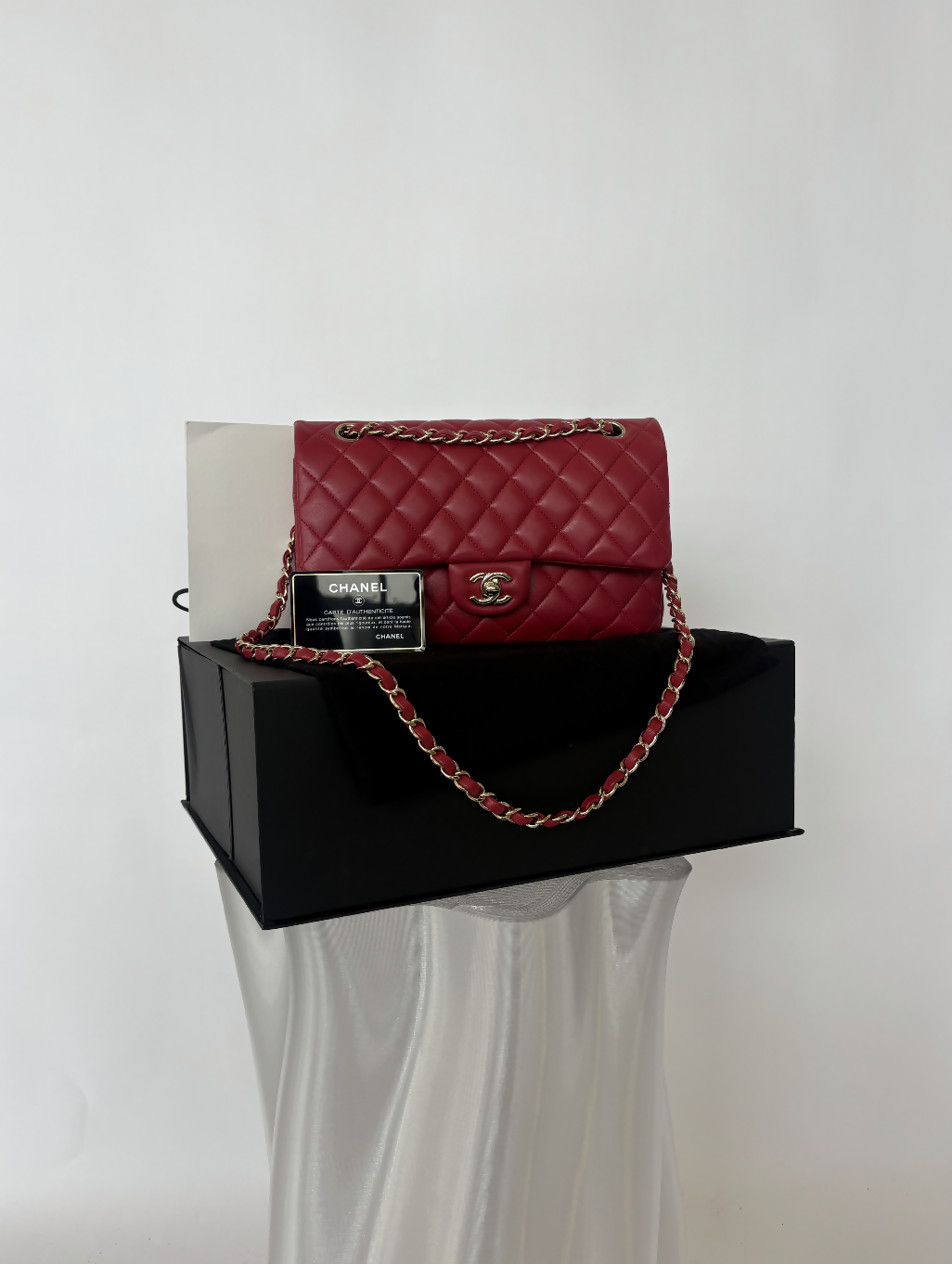 Chanel Medium Double Flap in Dark Pink Lambskin with light Gold Hardware - FULL SET