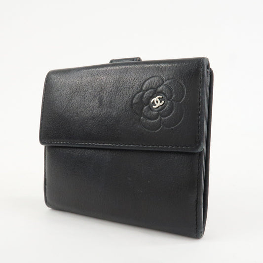CHANEL COCO Mark Camelia Leather Bi-fold Compact Wallet Black