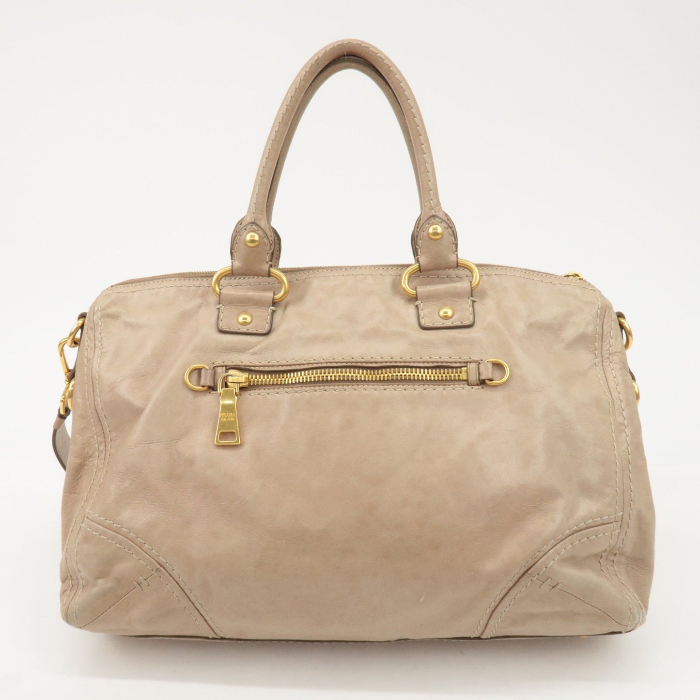 PRADA Triangle Logo Leather 2Way Bag Tote Bag Shoulder Bag Beige  d