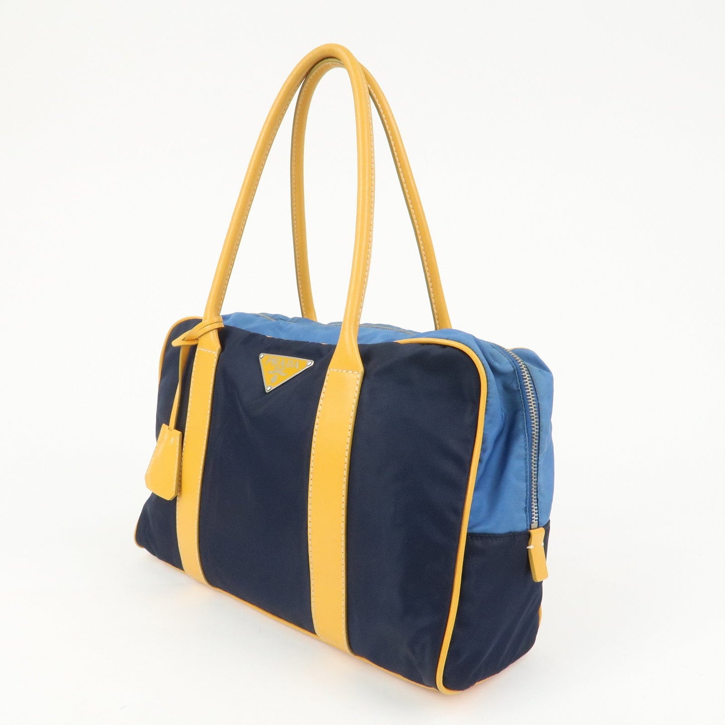 PRADA Triangle Logo Nylon Leather Shoulder Bag Hand Bag Navy Yellow