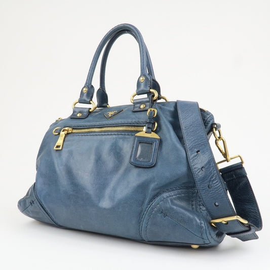 PRADA Logo Leather 2Way Bag Shoulder Bag Hand Bag Blue BL0678