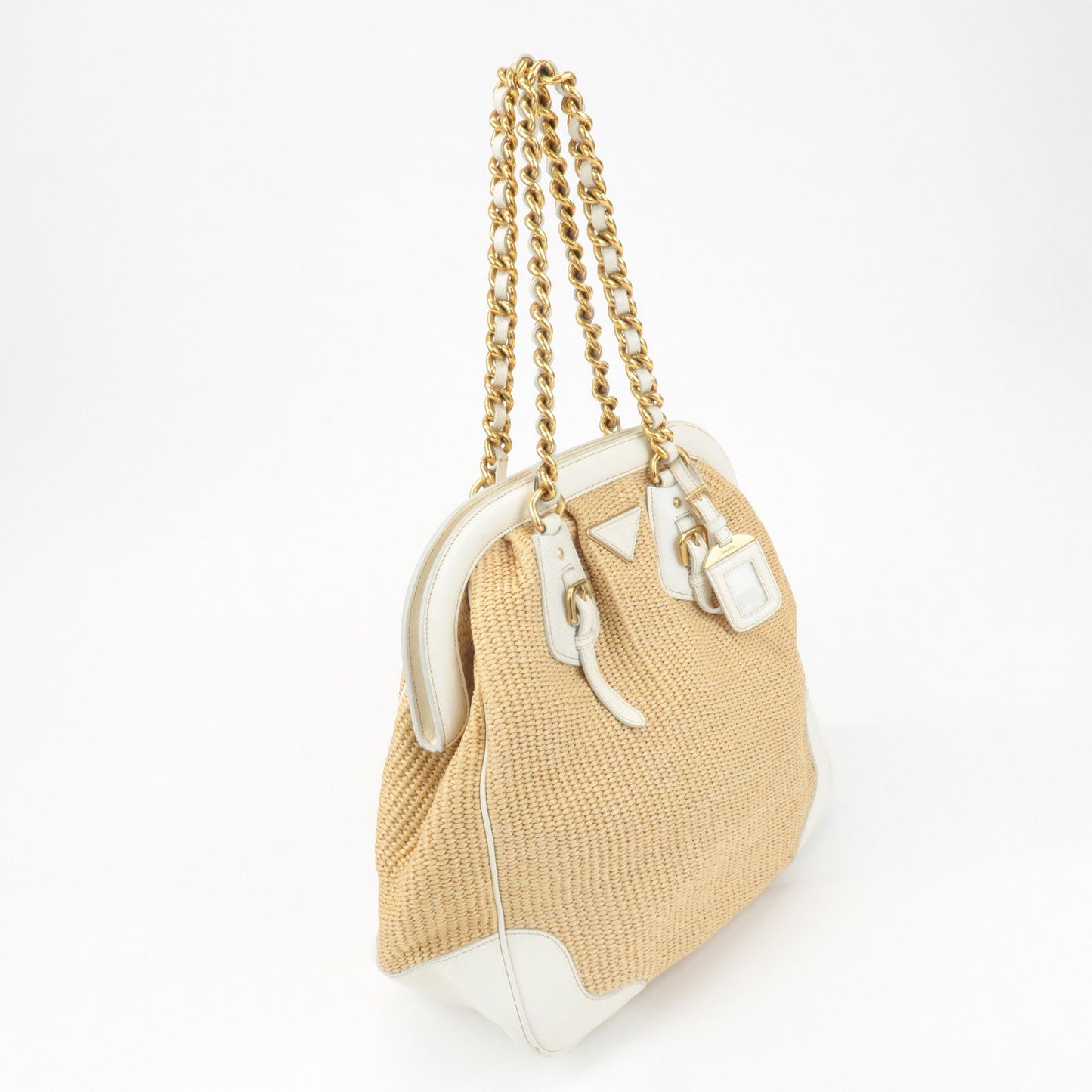 PRADA Triangle Leather Raffia Shoulder Bag Straw Bag Beige BR3693  d