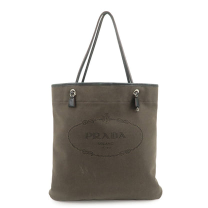 PRADA Logo Jacquard Leather Tote Bag Shoulder Bag Dark Brown