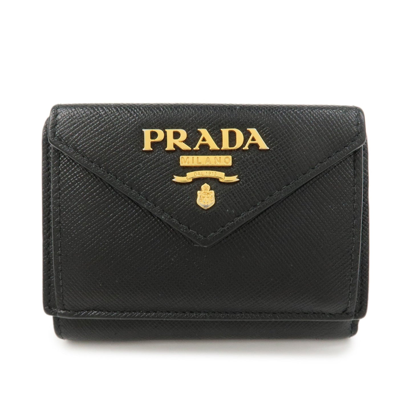 PRADA Logo Saffiano Metal Tri-fold Small Wallet Black 1MH021
