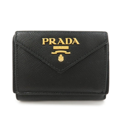 PRADA Logo Saffiano Metal Tri-fold Small Wallet Black 1MH021