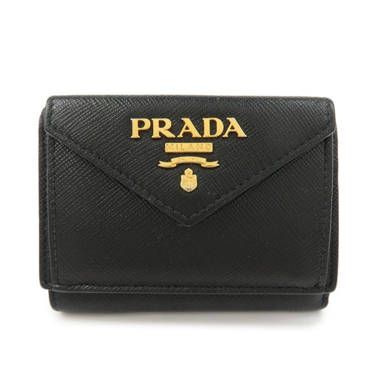PRADA Logo Saffiano Metal Tri-fold Small Wallet Black 1MH021