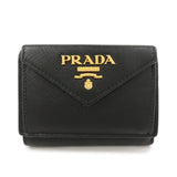PRADA Logo Saffiano Metal Tri-fold Small Wallet Black 1MH021