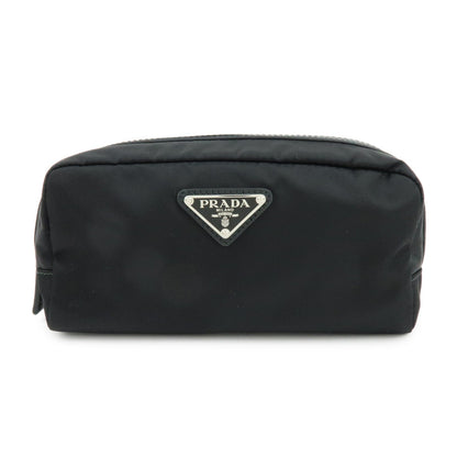 PRADA Triangle Logo Nylon Saffiano Leather Pouch Black