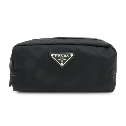 PRADA Triangle Logo Nylon Saffiano Leather Pouch Black