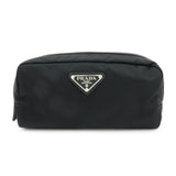 PRADA Triangle Logo Nylon Saffiano Leather Pouch Black