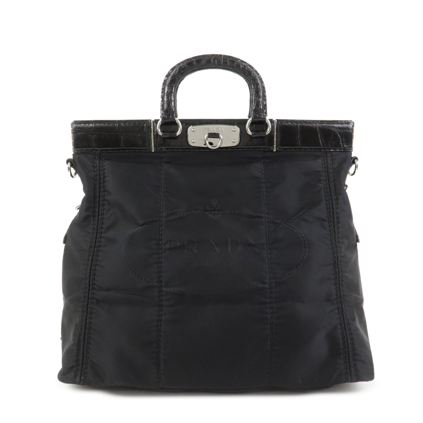 PRADA Triangle Logo Nylon Embossed Leather Hand Bag Black