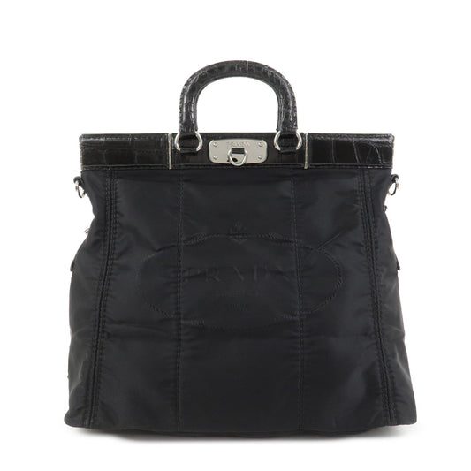 PRADA Triangle Logo Nylon Embossed Leather Hand Bag Black