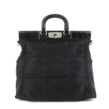 PRADA Triangle Logo Nylon Embossed Leather Hand Bag Black