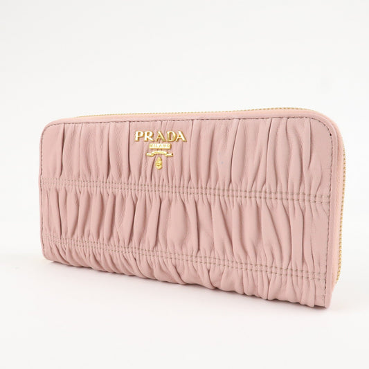 PRADA Leather Gather Round Zippy Wallet Gold Hardware Pink 1M0506  d