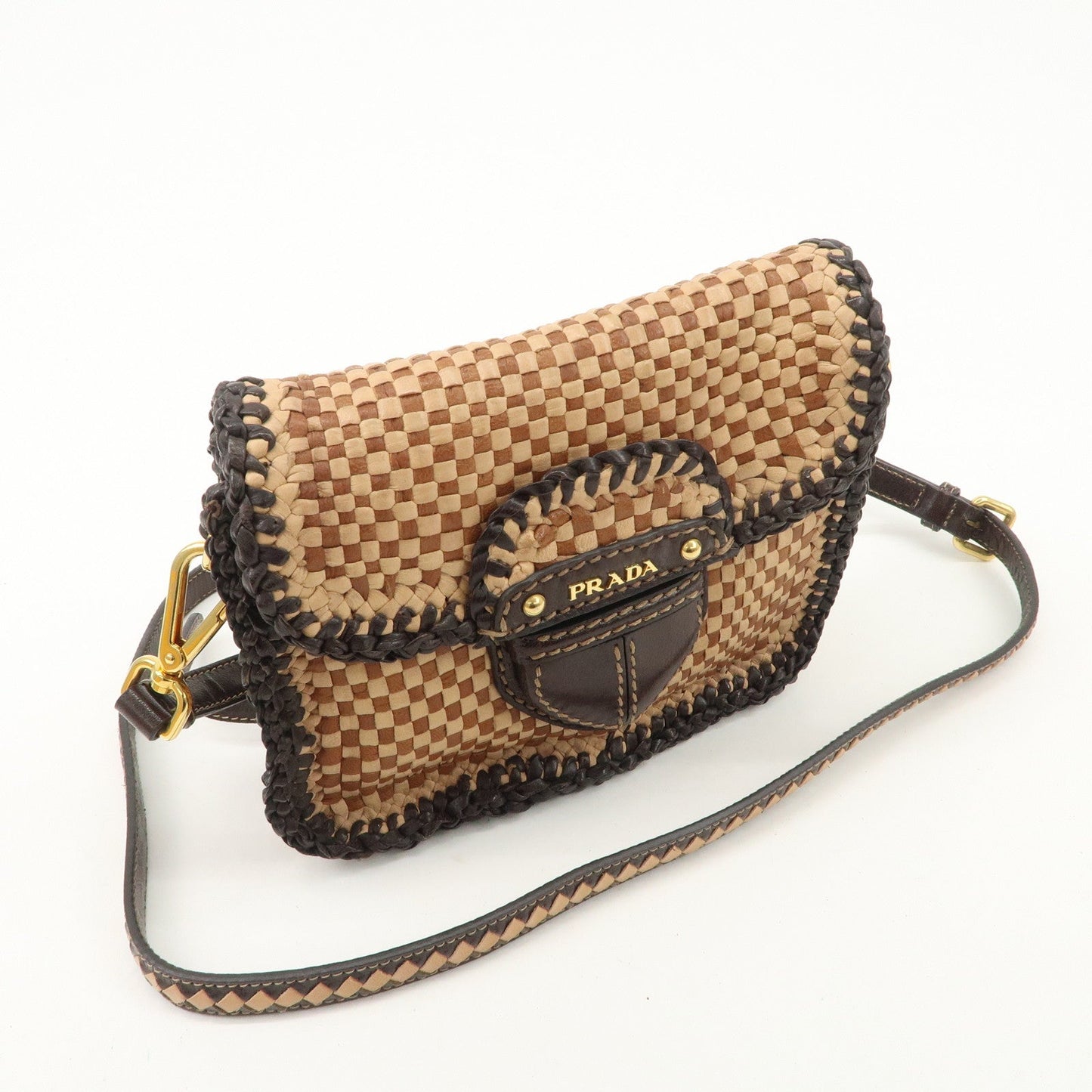 PRADA Madras Leather Shoulder bag Beige Brown BT781V  d