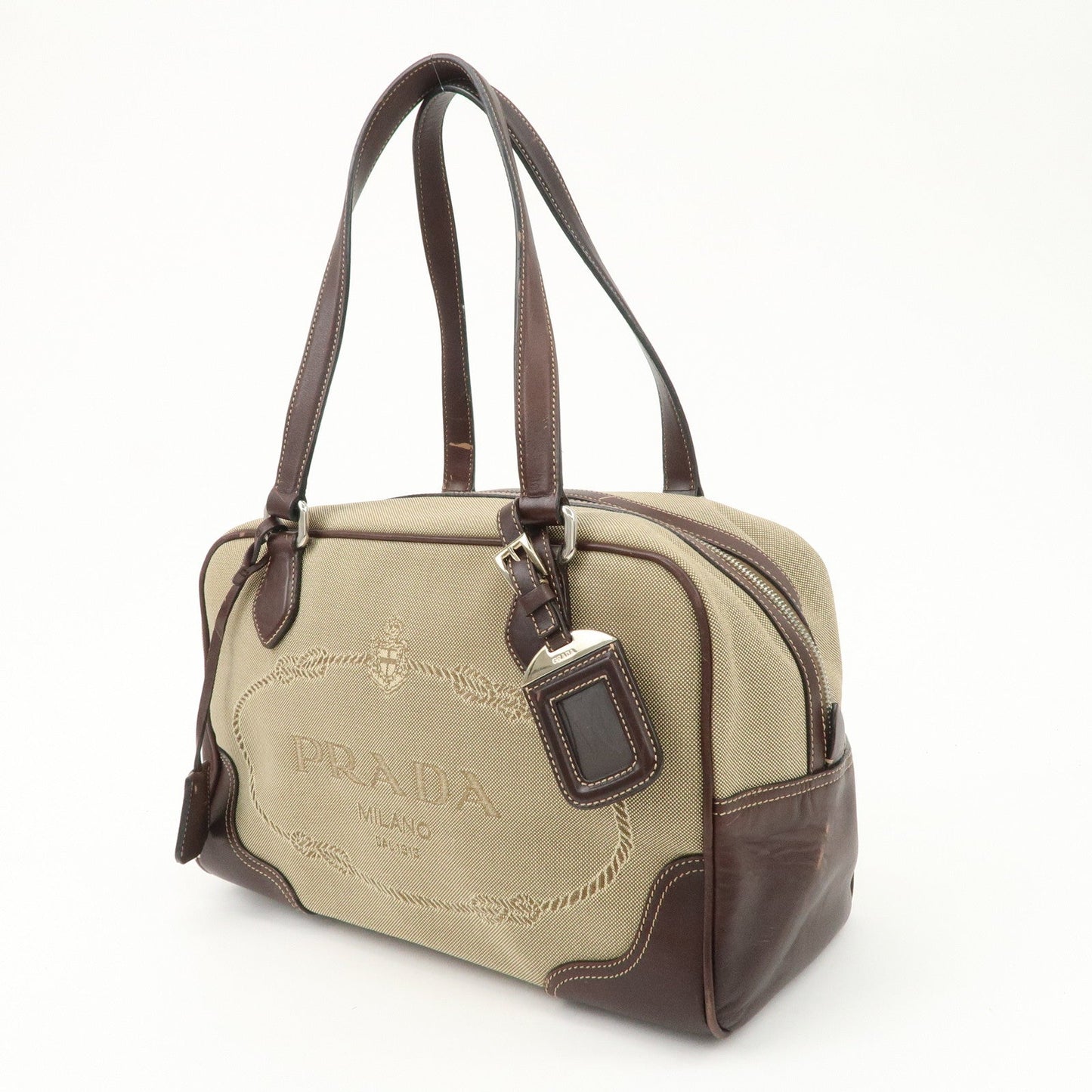 PRADA Logo Jacquard Leather Boston Bag Shoulder Bag Beige BL0260  d
