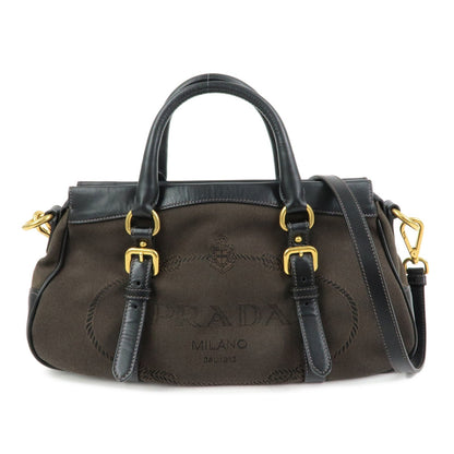 PRADA Logo Jacguard Leather 2Way Bag Hand Bag Shoulder Bag Brown