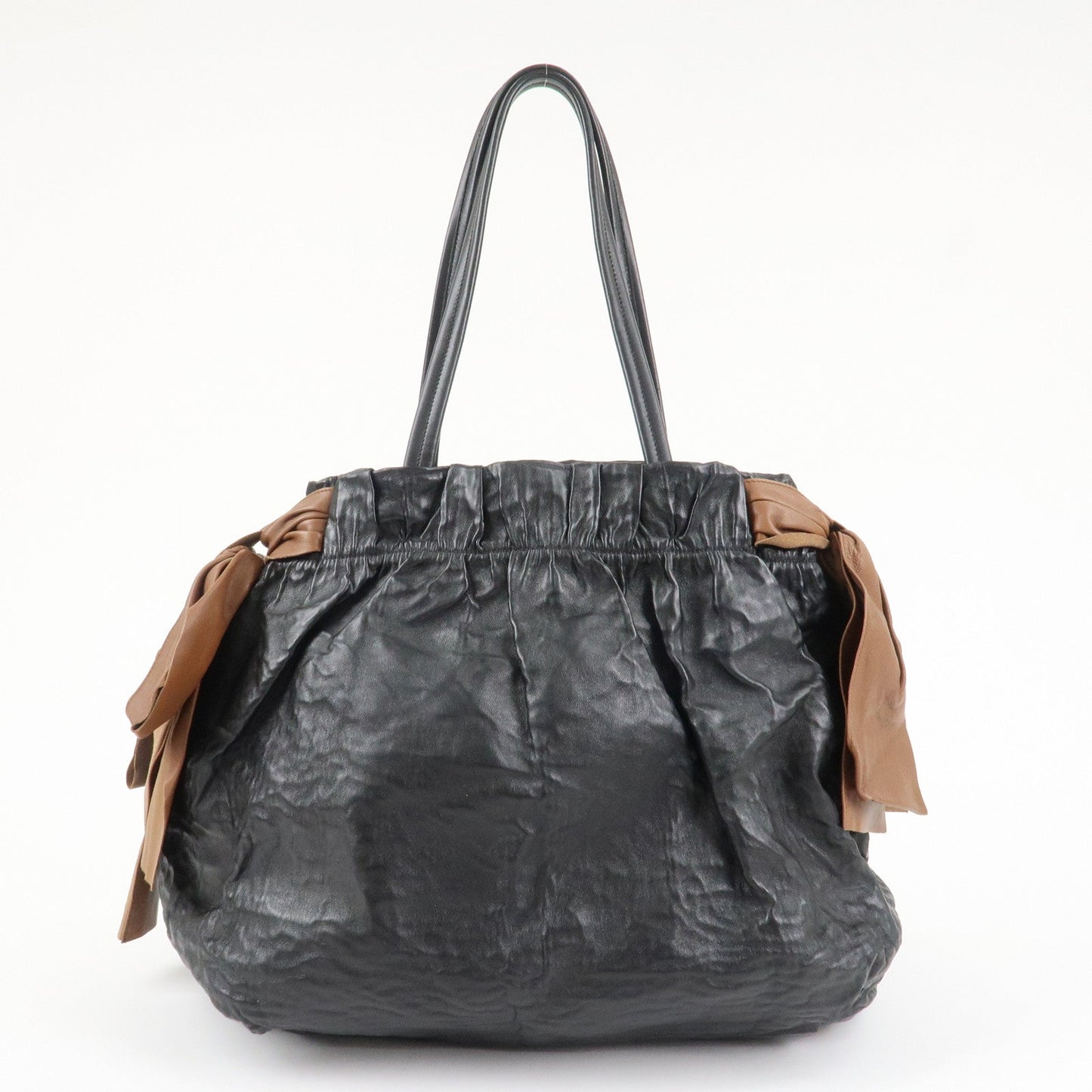 PRADA Leather Ribbon Shoulder Bag Hand Bag Black Brown  d