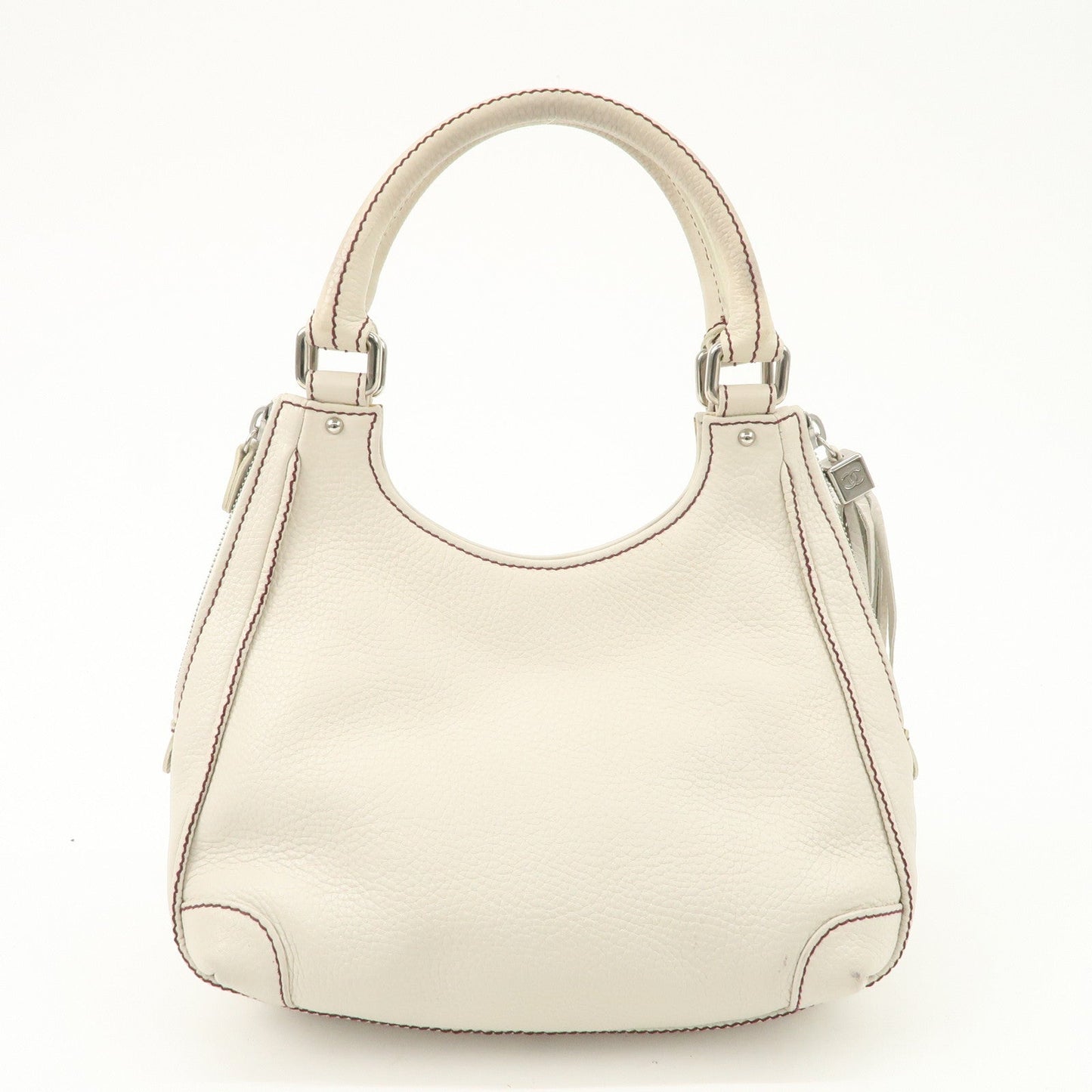 CHANEL Logo Calf Leather Fringe Tassel Shoulder Bag Hand Bag White A23055  d
