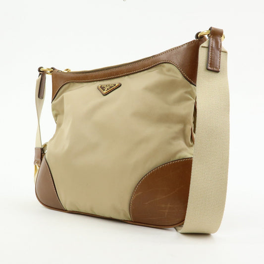 PRADA Triangle Logo Nylon Leather Shoulder Bag Crossbody Bag Beige