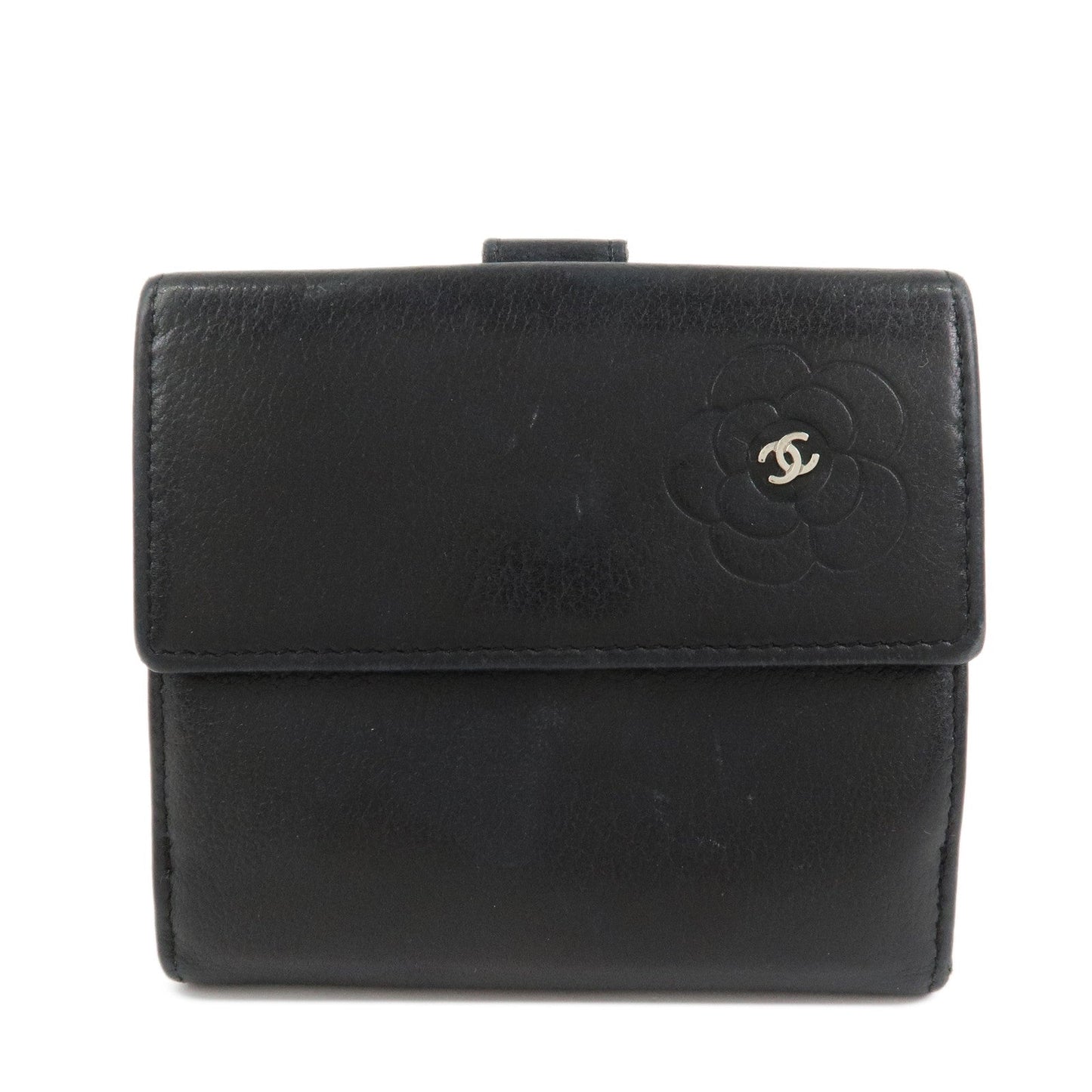 CHANEL COCO Mark Camelia Leather Bi-fold Compact Wallet Black