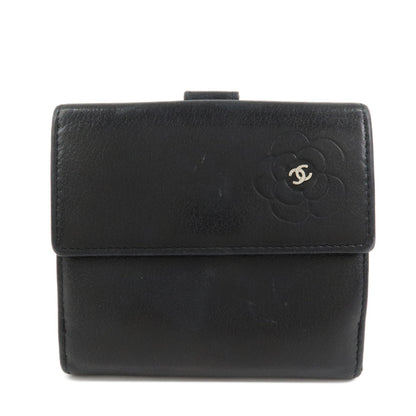 CHANEL COCO Mark Camelia Leather Bi-fold Compact Wallet Black