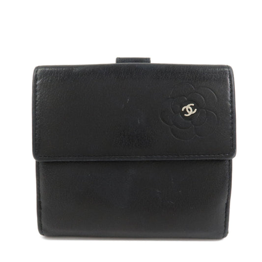 CHANEL COCO Mark Camelia Leather Bi-fold Compact Wallet Black