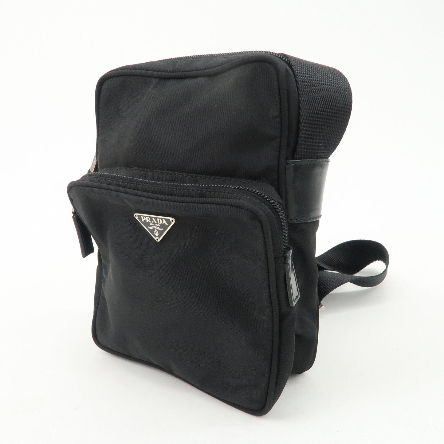 PRADA Triangle Logo Leather Nylon Shoulder Bag Black BT0169