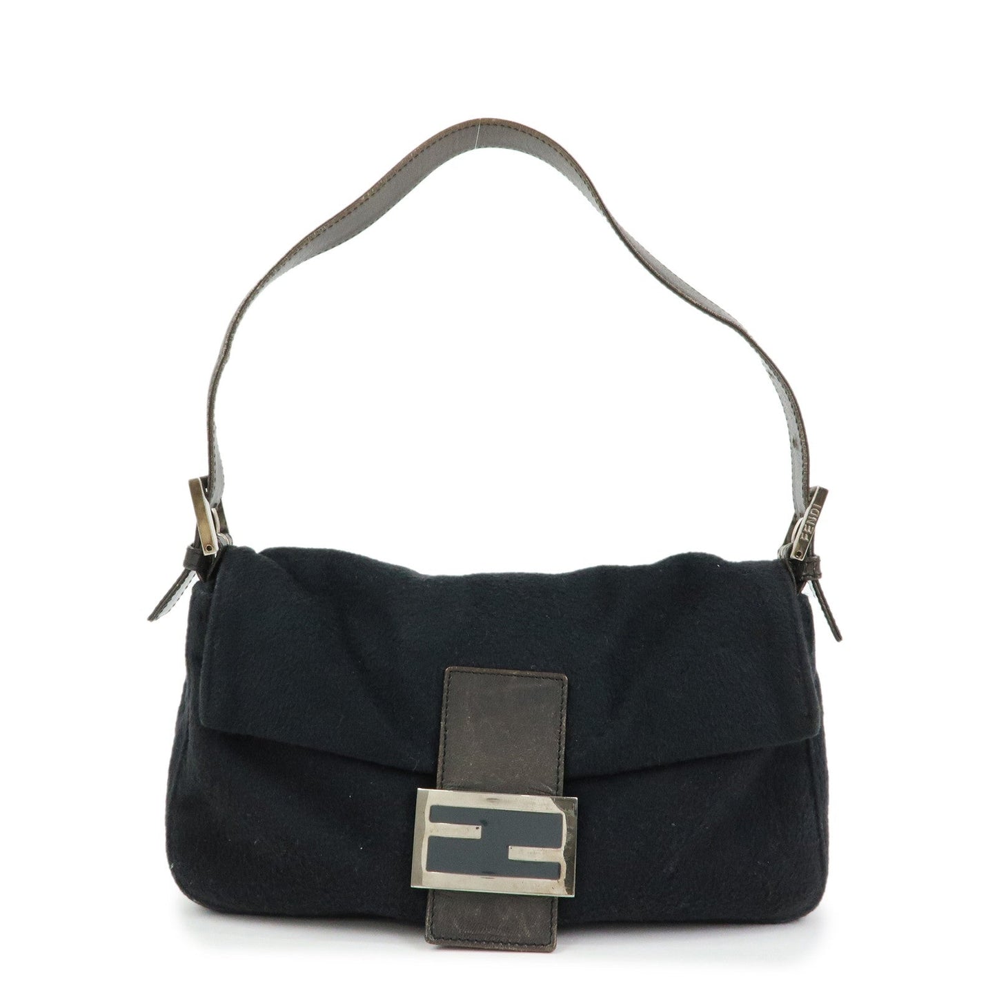 FENDI Mamma Baguette Wool Leather Shoulder Bag Hand Bag Black 26424