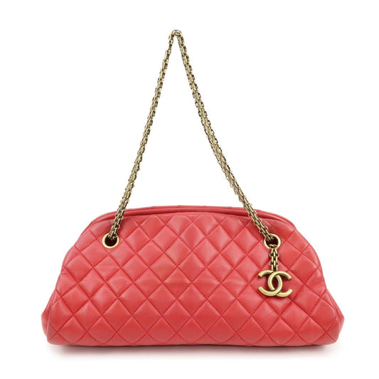 CHANEL Mademoiselle COCO Mark Lamb SKin Chain Shoulder Bag Red