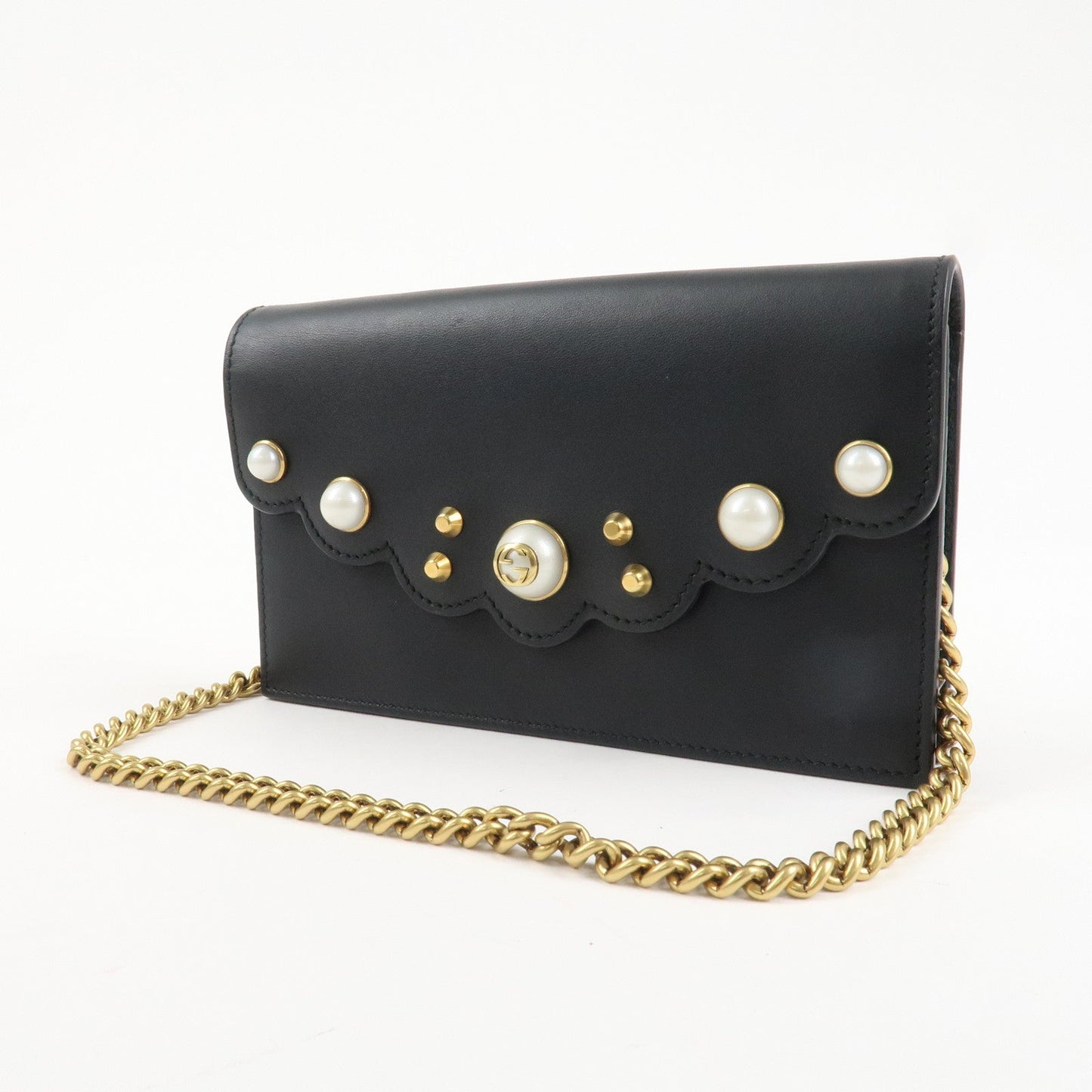 GUCCI GG Marmont Leather Chain Wallet Gold HDW Black 431478  d
