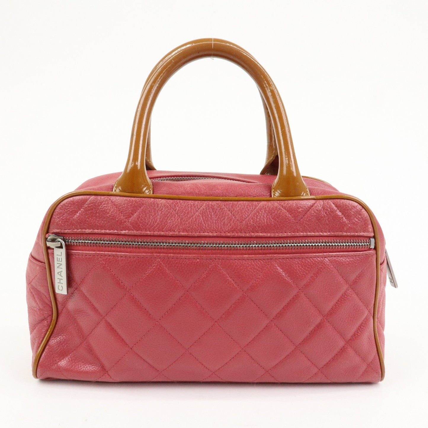 CHANEL Matelasse Leather Patent Leather Mini Boston Bag Pink Brown
