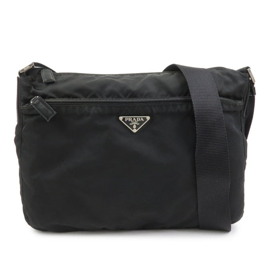 PRADA Triangle Logo Nylon Saffiano Leather Shoulder Bag Black V161
