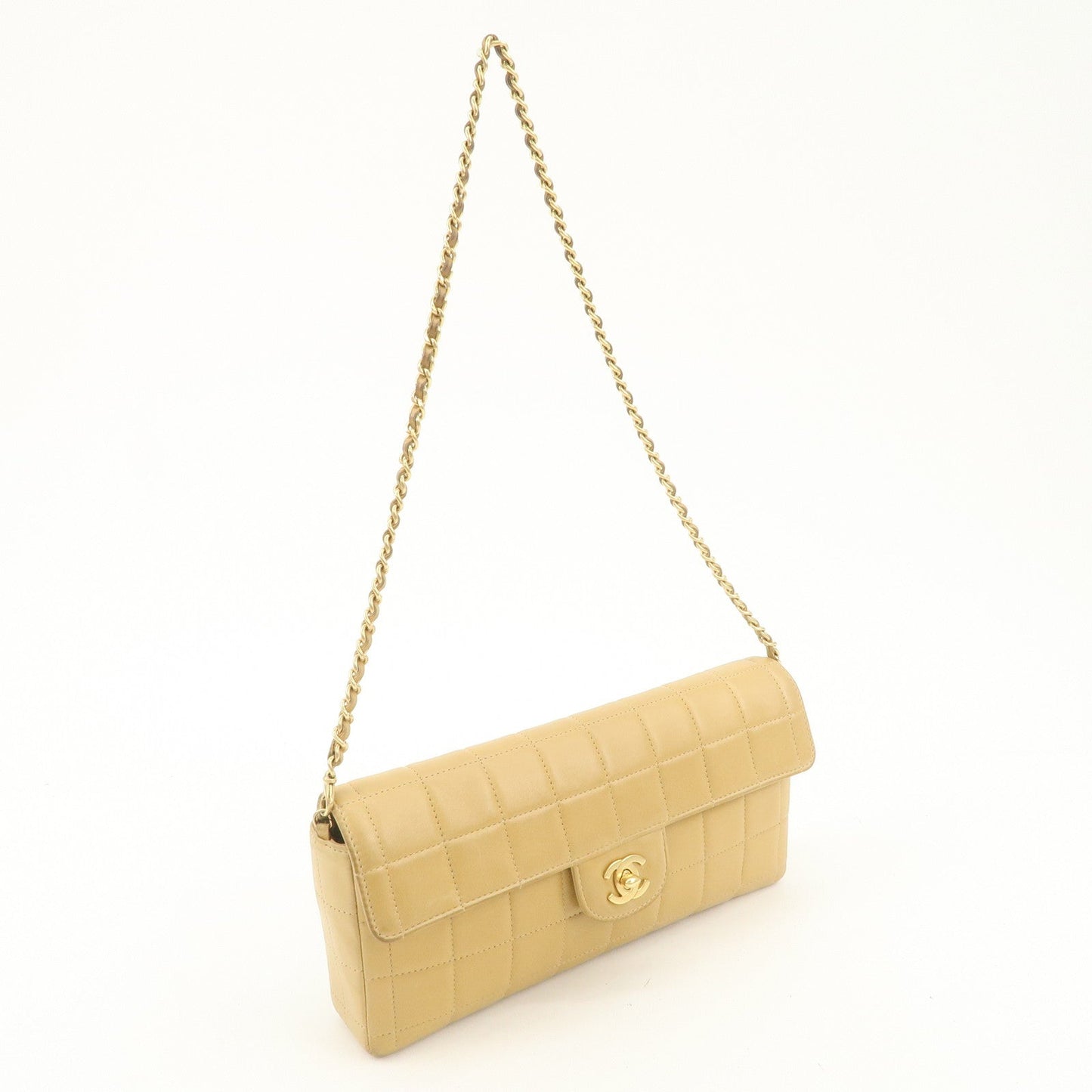 CHANEL Chocolate Bar Lamb Skin Chain Shoulder Bag Beige Gold  d