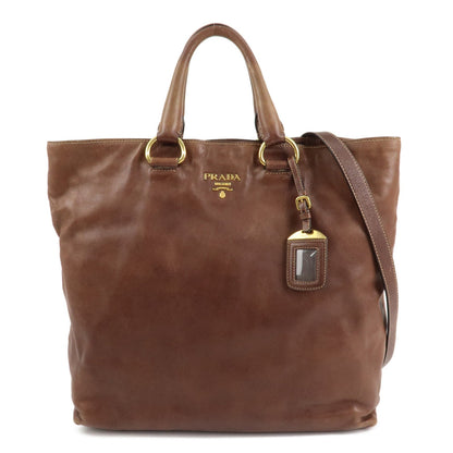 PRADA Logo Leather 2way Shoulder Bag Tote Bag Gold HDW Brown  d
